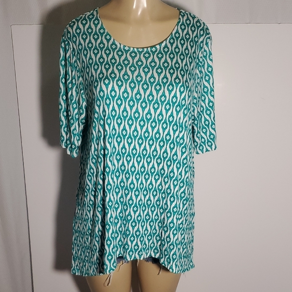 Chico's Key West Geo Print Short Sleeve Easy Tunic Top Size 3 Green